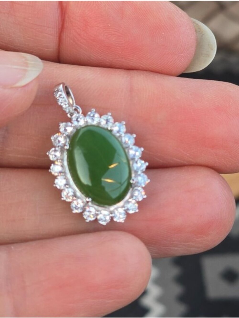 925 Sterling Silver Pendant with Natural Jade 10x15mm & Cz